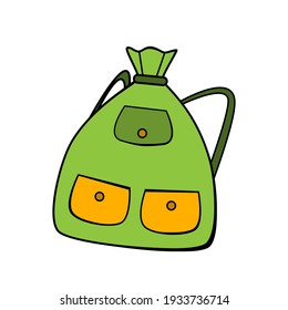 Green hiking backpack in cartoon style on white background.
