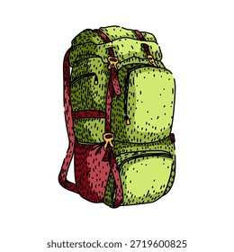 Green hiking backpack hand drawn illustration depicting essential gear for exploring nature, representing a passion for outdoor activities, camping, trekking, and adventurous journeys