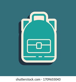 Green Hiking backpack icon isolated on green background. Camping and mountain exploring backpack. Long shadow style. Vector Illustration