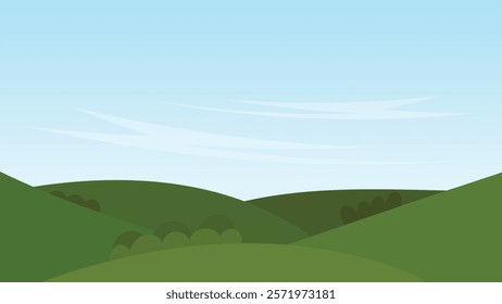 green hill with bush and blue sky background. nature cartoon landscape scene