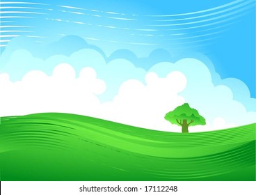 green hill and cloudy sky