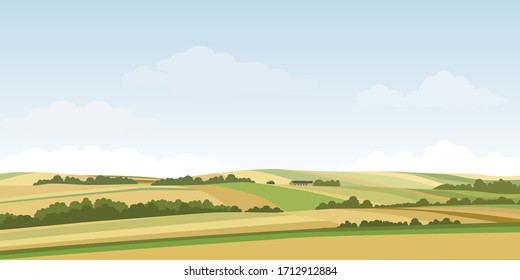 Green hill countryside landscape. Vector illustration of panorama field landscape and cloud sky.