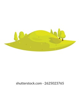 Green hill covered with grass and few trees growing on it