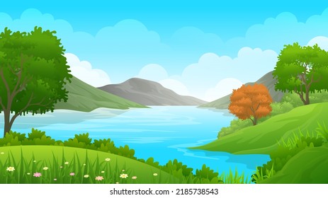 Green Hill and forest along side a river or lake vector illustration