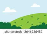 Green Hill With Grass Under A Blue Sky With White Clouds.
