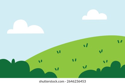 Green Hill With Grass Under A Blue Sky With White Clouds.