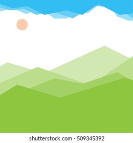 Green hill landscape and cloud sun white background, vector illustration