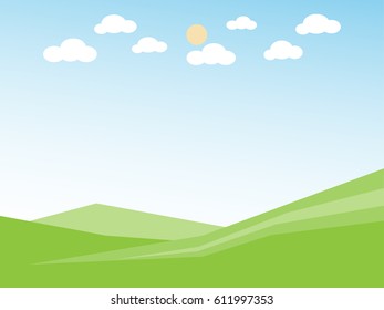 Green hill  landscape, landscape with hill cloud and sun on blue sky background, panorama view