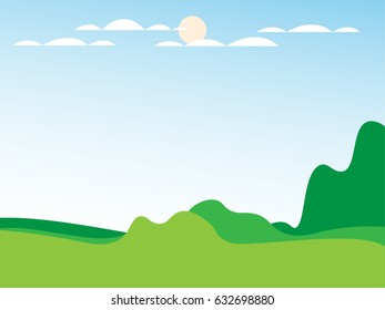 Green hill landscape, green hill  cloud and sun on blue sky background, panorama view, vector illustration