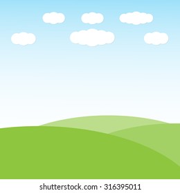 Green hill landscape with clouds on blue sky background, vector illustration
