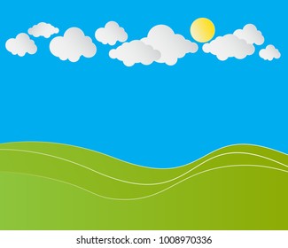 Green hill landscape with clouds and sun on blue sky background, Landscape paper art style, vector illustration
