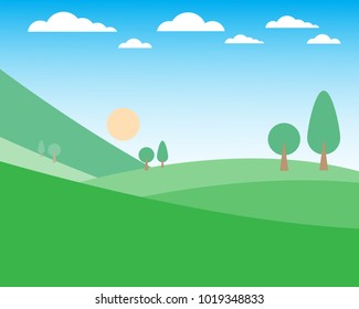 Green hill landscape with clouds and sun on blue sky background, vector illustration