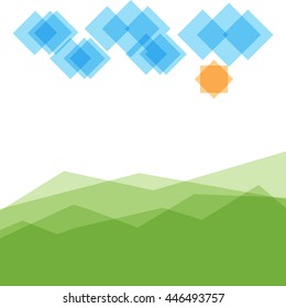 Green hill landscape and with clouds and sun, layer style, vector illustration