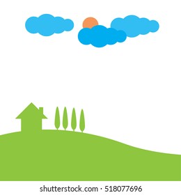 Green hill landscape with house tree cloud and sun isolate background, vector illustration