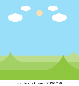 Green hill landscape with mountain cloud and sun on blue sky background, vector illustration