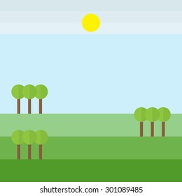 Green hill landscape with tree cloud sun on blue sky background, vector illustration