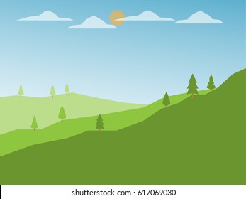 Green hill  landscape, hill tree cloud and sun on blue sky background, panorama view, nature background, vector illustration