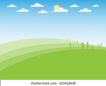 Green hill landscape, landscape with green hill tree cloud and sun on blue sky background, panorama view, vector illustration
