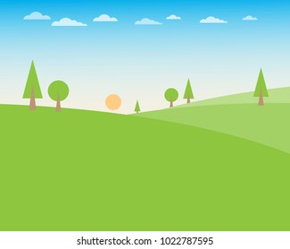 Green hill landscape with trees clouds and sun on blue sky background, vector illustration