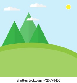 Green hill landscape with trees clouds and blue sky background, vector illustration