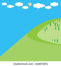Green hill landscape with trees clouds and and sun sky background, location with space for camping, vector illustration