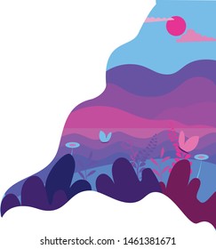 Green hill landscape. Vector illustration of panorama field landscape and cloud sky.