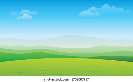 Green hill landscape.  Vector illustration of panorama view with green mountain landscape and blue sky.