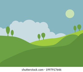 Green hill landscape. Vector illustration of panorama view with mountain and cloud sky. Trees on green hills. Sun over hilly terrain.