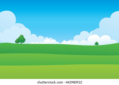 Green hill landscape.  Vector illustration of panorama view with mountain and cloud sky.