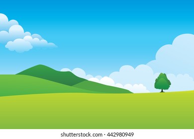 Green hill landscape.  Vector illustration of panorama view with mountain and cloud sky.