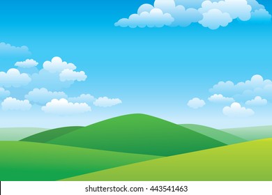 Green hill landscape.  Vector illustration of panorama view with mountain and cloud sky.