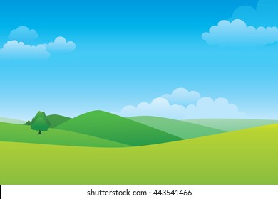 Green hill landscape.  Vector illustration of panorama view with mountain and cloud sky.