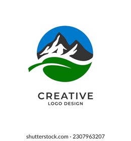 Green hill logo concept, with a mountain and leaf icon in one logo template vector.