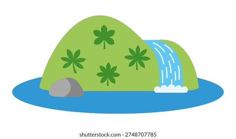 Green hill with lush foliage and a small waterfall cascading into blue water surrounded by tropical plants and rocks illustrating nature and tranquility