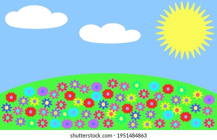 Green hill mountain field of flowers, blue sky, sun and clouds vector cartoon nature summer wallpaper background landscape