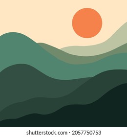 green hill and orange sun 