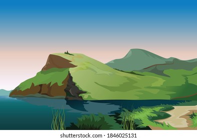 Green hill seascape illustration. Blue sky, background. Sunrise or sunset. Grassy hill overlooking water, a lake or seaside.