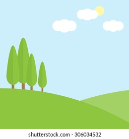green hill with tree cloud and sun on blue sky background, vector illustration