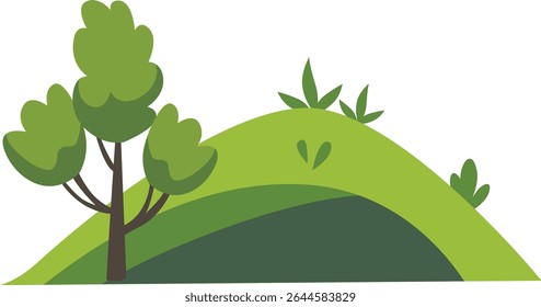Green hill with a tree and fresh leaves, ideal for nature scenery, eco-friendly landscape design, garden backgrounds, outdoor decoration, forest environment visuals, and natural illustrations.

