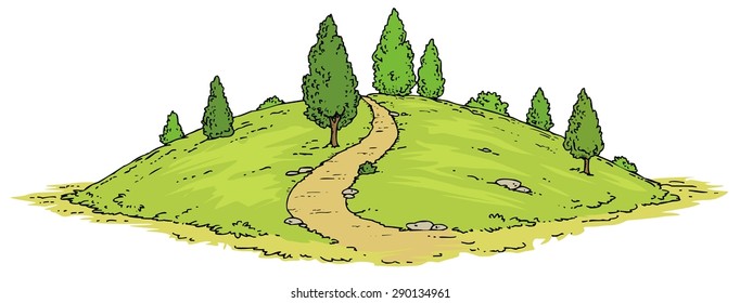 Green Hill with Trees and Pathway - Cartoon lllustration 