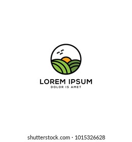 green hill vector with sunset vector illustration design with bird vector