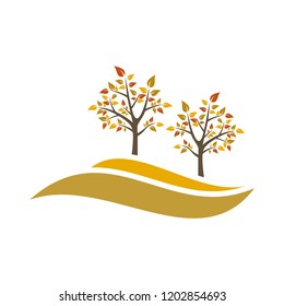 Green hill vector with tree landscape vector illustration - autumn tree