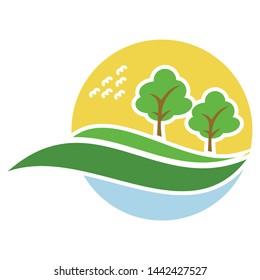 Green hill vector with tree landscape vector illustration - autumn tree - Nature Hill Valley Garden Green Vector Illustration Concept logo