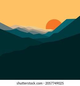 green hill, yellow sky and orange sun 