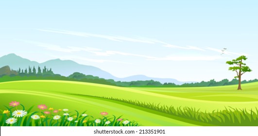 Green Hills , Blue Sky and Lonely Pathway 