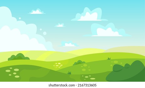 green hills with bushes and grass on a background of blue sky with clouds. Grass landscape with sky clouds and mountains. Spring vector landscape.