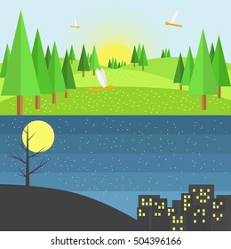 Green Hills with Dragonflies and Pine Tree  in Day and Hill and Dark City In Night .Flat Style Vector Design.