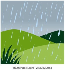 Colinas verdes em estilo plano para a cena da estação chuvosa com chuva suave e paisagem natural.