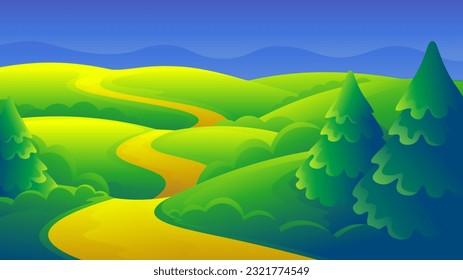 Colinas verdes e ilustración del gradiente forestal. Hermosas vistas al sendero.