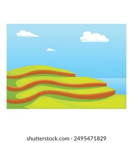 Green hills forming steps in a beautiful illustration of a sunny day at the seaside